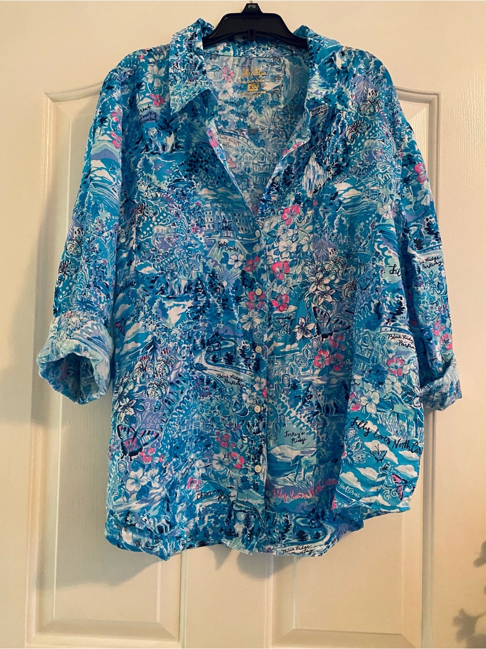 Lilly Pulitzer Blue & Pink Floral Button-Down Linen Shirt
